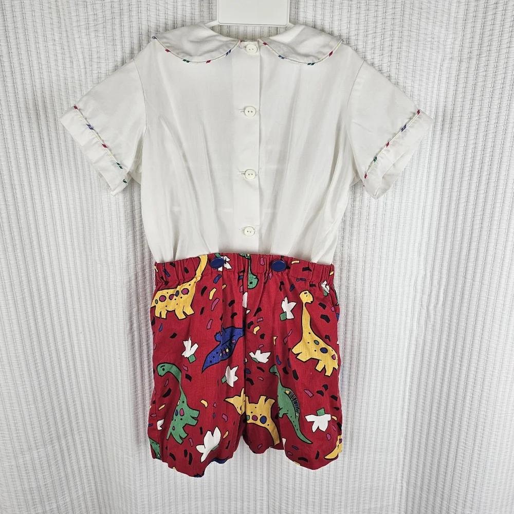 VTG Button-in Smocked‎ Dinosaur 2pc Outfit Colorful Dino Pleated